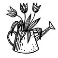 Black and white vector flowers in a watering can hand-drawn in Doodle style