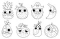 Black and white vector funny kawaii fruit icons set. Line pirate fruits coloring page. Comic plants with eyes, eye patch, mouth. Royalty Free Stock Photo