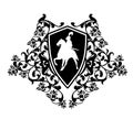 Black and white vector heraldic emblem with knight riding horse and rose flowers Royalty Free Stock Photo