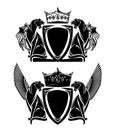 Black and white vector heraldry with king crown and pair of mythical winged panthers Royalty Free Stock Photo