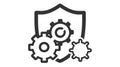 A black and white vector icon featuring a shield with three interlocking gears.