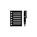 Black and white vector icon of a notepad and pen, symbolizing writing and note-taking