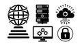 Black and white vector icons of globe with network lines, server tower, cloud computing, secure lock, and computer monitor with Royalty Free Stock Photo