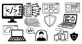 Black and white vector icons of laptop, desktop with code, circuit chip, shield symbol, browser windows, documents, mobile devices Royalty Free Stock Photo