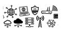 Black and white vector icons set featuring laptop, globe, firewall shield, router, cloud network server, and wireless antenna Royalty Free Stock Photo