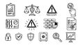 Black and white vector icons set with risk alert symbols, security shields, lock, safe box, bar chart, checklist and control panel Royalty Free Stock Photo