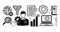 Black and white vector icons set showing global data analysis and workflow optimization with gears magnifying glass and laptop Royalty Free Stock Photo