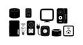 Black and white vector icons set of smart home devices including thermostat, smart speaker, security camera, switched plugin and Royalty Free Stock Photo