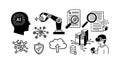 Black and white vector icons showing ai head profile robotic arm magnifying glass analyzing documents virtual reality headset and Royalty Free Stock Photo