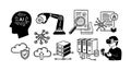 Black and white vector icons showing artificial intelligence, robotic arm holding gear, magnifying glass over document, network Royalty Free Stock Photo