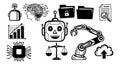 Black and white vector icons of smiling robot head, robotic arm, human brain with circuitry, data charts, cloud upload, and Royalty Free Stock Photo