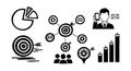 Black and white vector icons of target hits, pie chart segments, business communication, bar chart growth indicators, and user Royalty Free Stock Photo