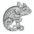 Black and white vector illustration with a chameleon for adult coloring pages