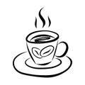 Black and white vector illustration in doodle style. Mug with hot coffee, coffee beans and steam. Stands on a plate Royalty Free Stock Photo