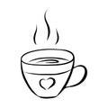 Black and white vector illustration in doodle style. Mug with hot coffee or tea. Cup with a heart. The element is drawn by hand Royalty Free Stock Photo