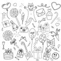 Black and white vector illustration. doodle style. Set of elements for the holiday and birthday. Royalty Free Stock Photo