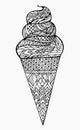 Black and white vector illustration of ice cream cone with boho pattern Royalty Free Stock Photo