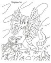 Black and white vector illustration for kids coloring book. Dinosaur Dilophosaurus looks at a butterfly on a valley