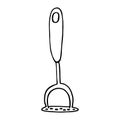 Black and white vector illustration of potato pusher isolated on a white. Pressed potato masher in doodle style