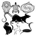 Black and white vector illustration of a rat in a hat, a snake and a cat.