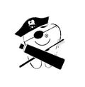 Black And White Vector Illustration Of Smiling Tooth Stylized As Pirate