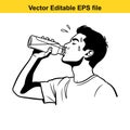 black and white vector illustration of a sweaty man drinking water from a plastic bottle after exercise, isolated on white Royalty Free Stock Photo