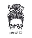 Black and white vector illustration of woman messy bun hairstyle