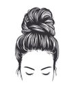 Black and white vector illustration of woman messy bun hairstyle