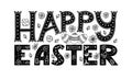 Black-white vector illustration with the words Happy Easter. Hand lettering. Congratulations on Easter. Elements are Royalty Free Stock Photo