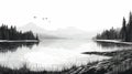 Black And White Landscape Illustration Of Mountains And Lake Royalty Free Stock Photo