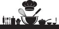 Black and white vector of kitchen tools set including bowl and chef hat Royalty Free Stock Photo