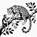 Black and white vector of a leopard and monkey on a tree branch wildlife Royalty Free Stock Photo