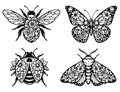 Insect Line Art Set for Cricut Cutting, Butterfly Bee and Moth Black and White Vector Cut File for Crafts and Decor Royalty Free Stock Photo