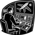 Black and white vector silhouette of man operating control panel with airplane on screen control room Royalty Free Stock Photo