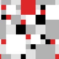 Monochromic black and white seamless pattern with tiles of different sizes with some red ones