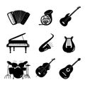 Black and white vector music instruments icons isolated on white background Royalty Free Stock Photo