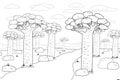 Black white vector outline African Madagascar baobab street or avenue. Doodle cartoon hand drawn landscape illustration of trees,