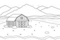 Black White Vector Outline Cartoon Summer Spring Landscape Countryside Scene With Field House River Illustration. Hand Drawn