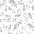 Black white vector outline doodle cartoon seamless pattern of cherry isolated set. Hand drawn design illustration, pencil effect Royalty Free Stock Photo