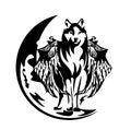 mythical winged wolf and crescent moon black and white vector outline