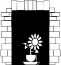 Black-and-white vector picture a flower in a pot on a window