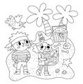 Black and white vector pirate kids with map looking for treasure chest. Cute line treasure hunt scene with children. Tropical