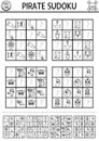 Black and white vector pirate sudoku puzzle for kids with pictures. Simple line treasure island quiz with answer. Education