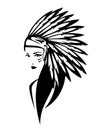 Black and white vector portrait of native american indian woman chief