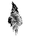 Black and white vector portrait of native american indian woman and howling wolf