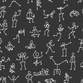 Black white vector seamless pattern with people bodies in different poses on dark gray mathematical squared background for paper Royalty Free Stock Photo