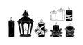 Black and white vector set of burning candles and decorative lanterns for festive and holiday design elements Royalty Free Stock Photo