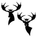 Black and white vector silhouette design of deer head with large antlers and royal crown