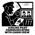 Black and white vector silhouette of pilot in airplane cockpit with cabin crew display and controls Royalty Free Stock Photo