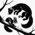 Black and white vector silhouette of a squirrel and a marten on tree branches animal wildlife Royalty Free Stock Photo